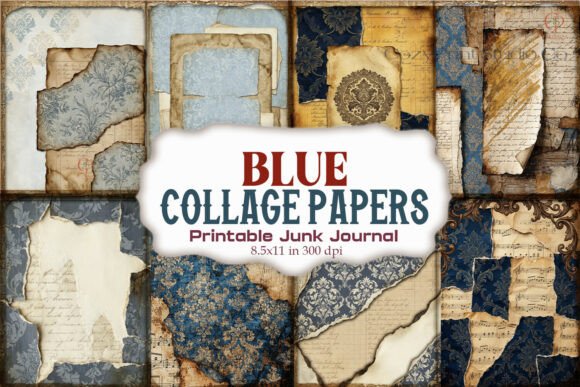 Blue Torn Collage Junk Journal Paper