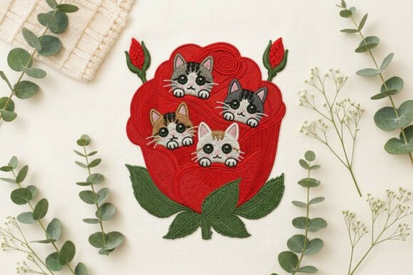 Cat Mom Red Rose Embroidery Design