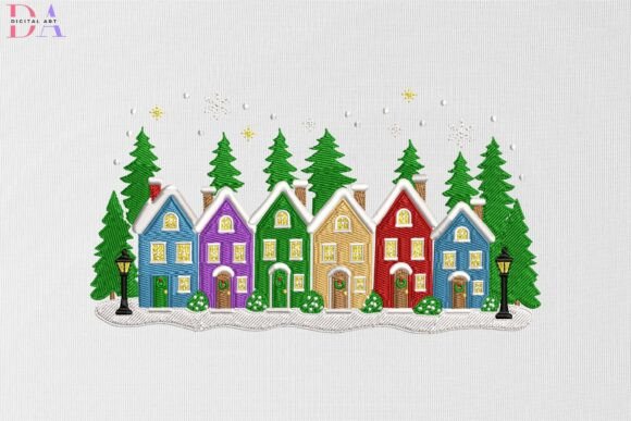 Colorful Snowy Houses & Pine Trees Scene