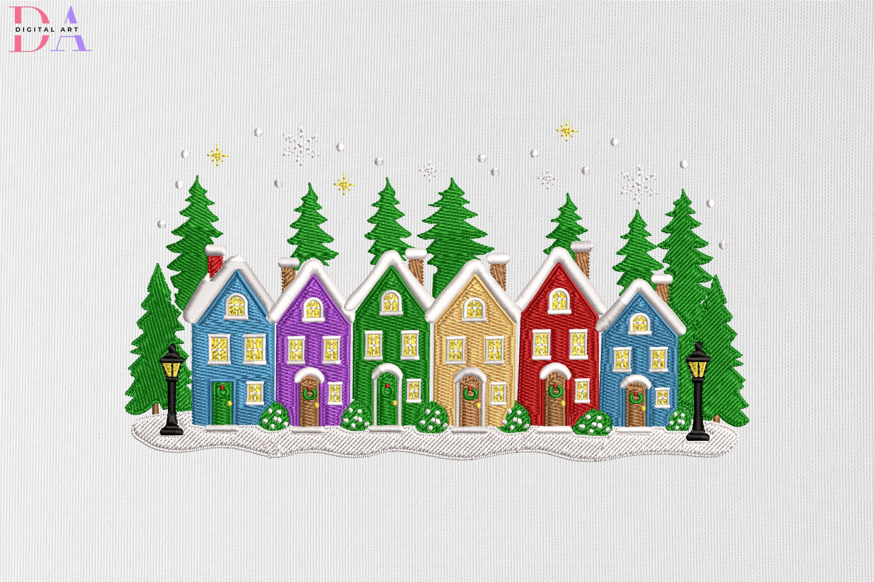Colorful Snowy Houses & Pine Trees Scene