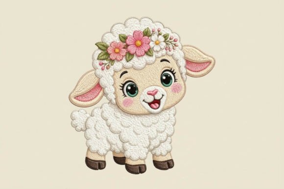 Cute Baby Lamb Floral Embroidery Design
