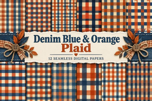 Denim Blue & Orange Plaid Fall Pattern