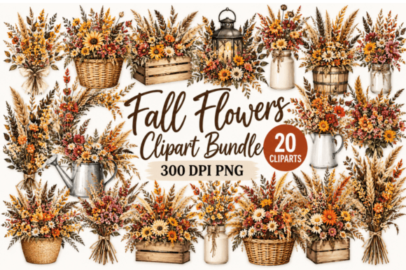 Fall Flowers Clipart PNG Bundle