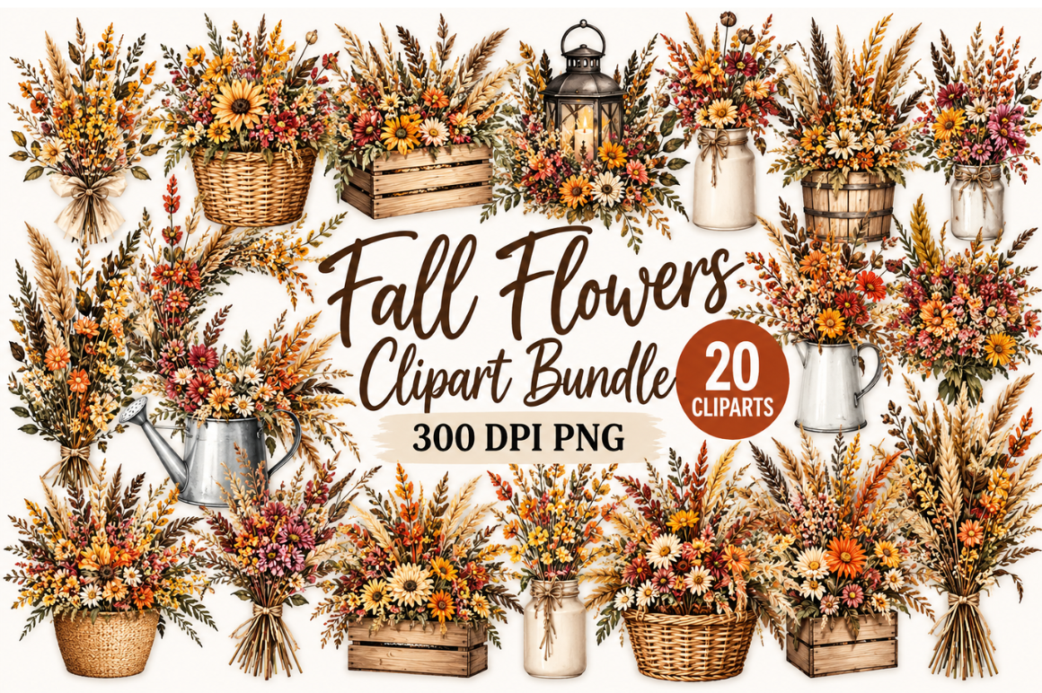 Fall Flowers Clipart PNG Bundle