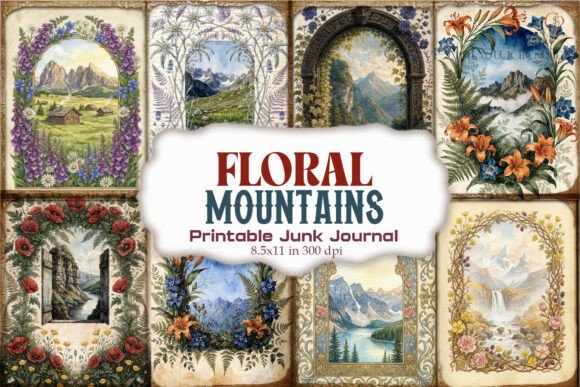 Floral Mountain Frame Junk Journal Pages