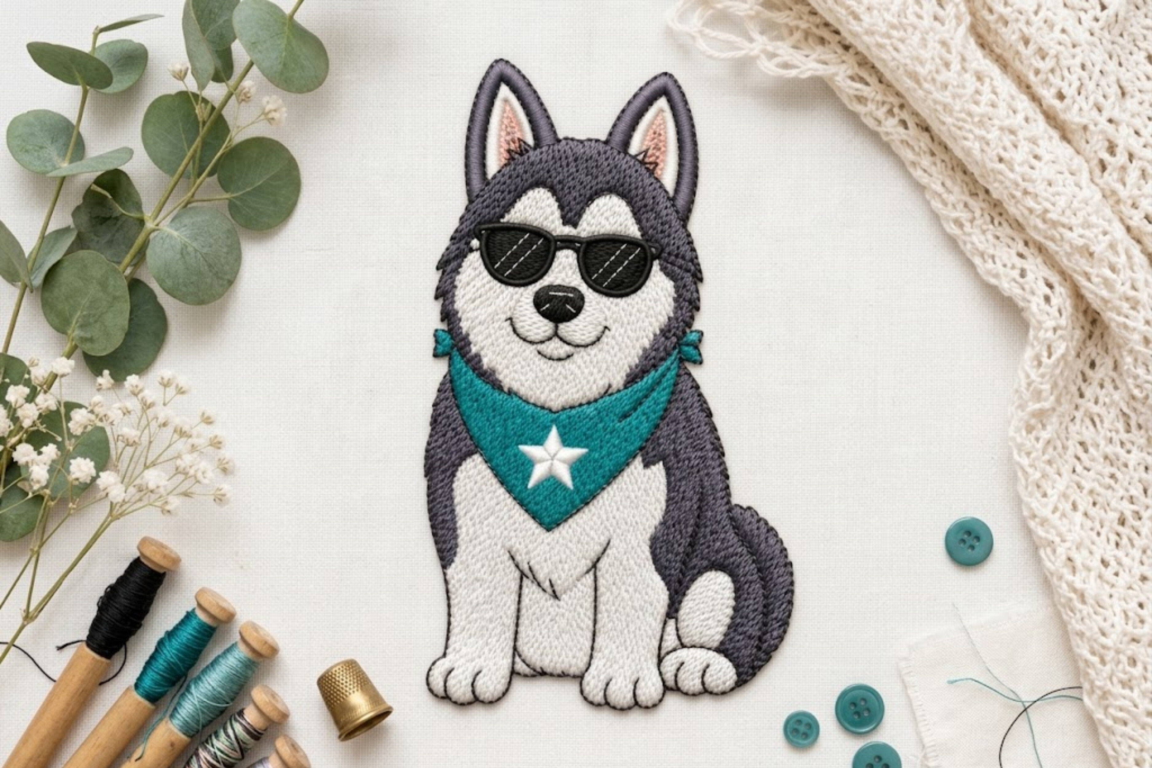 Husky Dog with Bandana Embroidery Design