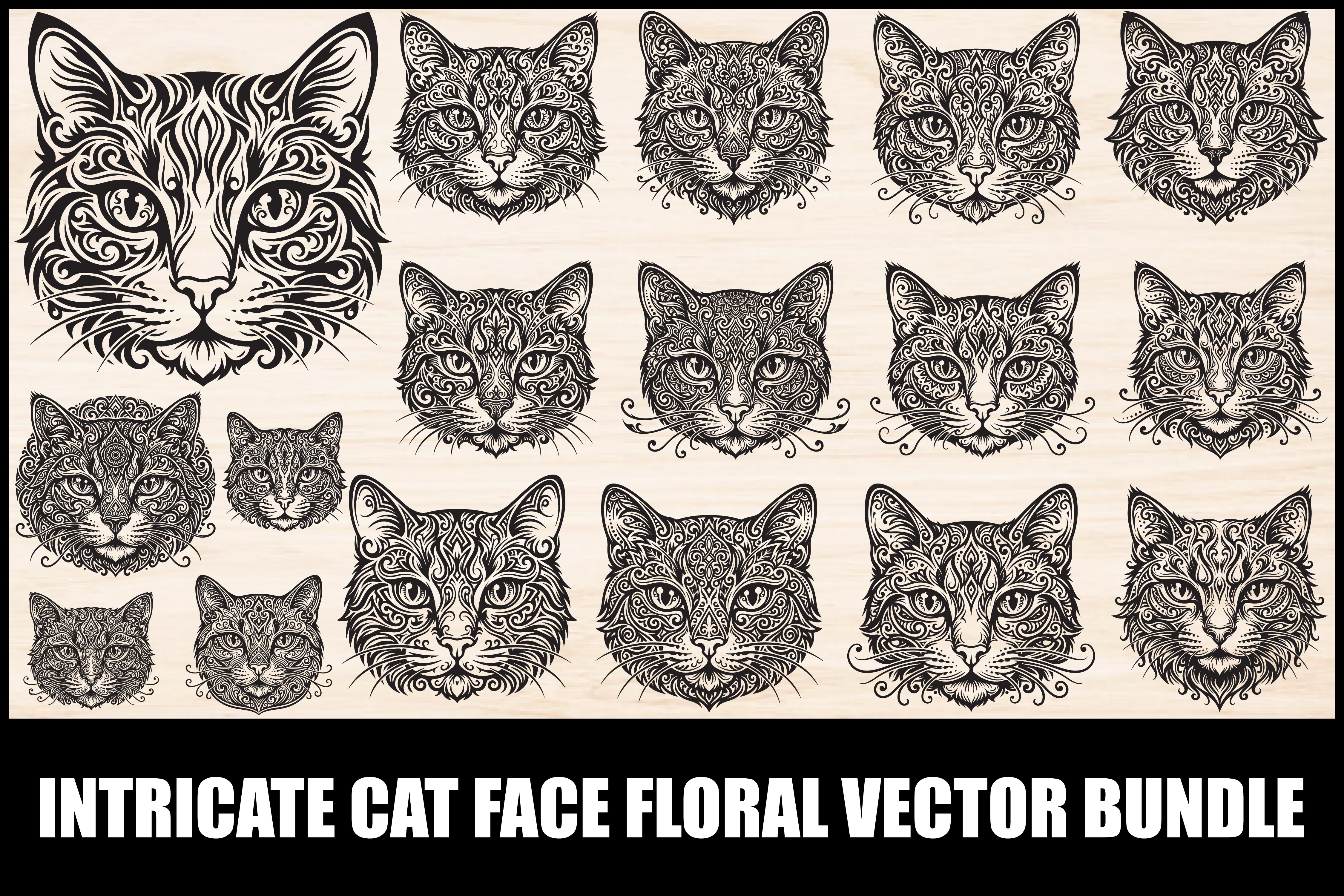 Intricate Cat Face Floral Vector Bundle SVG file