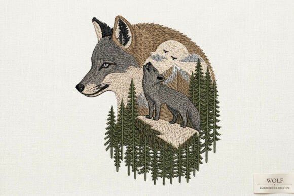 Mountain Wildlife Wolf Embroidery Design