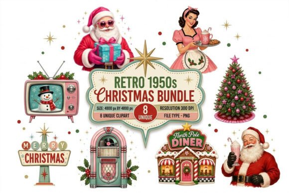 Retro 1950s Christmas Clipart PNG