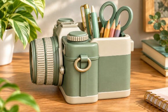 Retro Camera Desk Organizer STL – Vintage 3D Printable Pen & Stationery Holder - Image 1