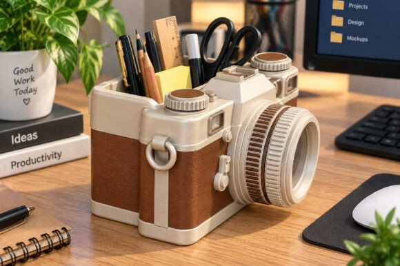 Retro Camera Desk Organizer STL – Vintage 3D Printable Pen & Stationery Holder - Image 2