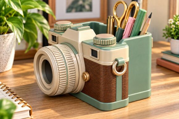 Retro Camera Desk Organizer STL – Vintage 3D Printable Pen & Stationery Holder - Image 3