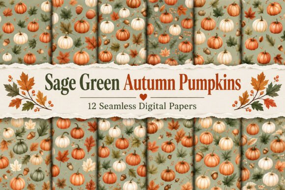 Sage Green Autumn Pumpkins Digital Paper