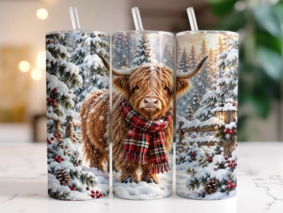 Snowy Highland Cow Christmas Tumbler PNG