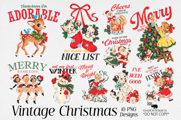Vintage Christmas PNG Sublimation Bundle Graphic Illustrations By Lazy Cat