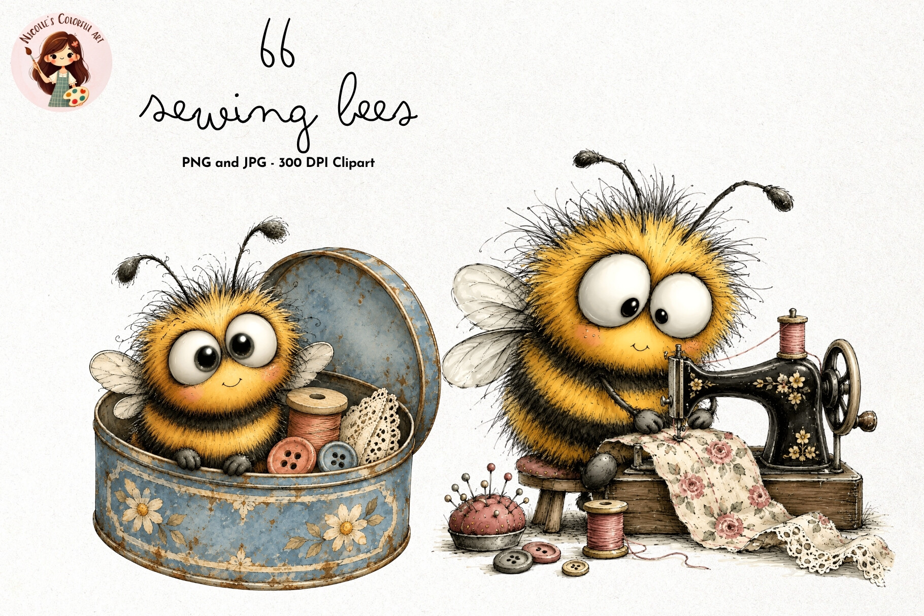 Whimsical Sewing Bees Clipart