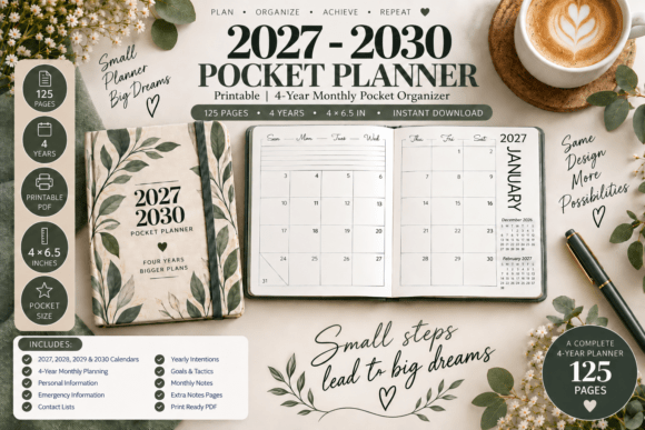 2027–2030 Pocket Calendar Printable