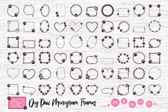 60 Dog Paw Monogram Frames Set, Dog Paw