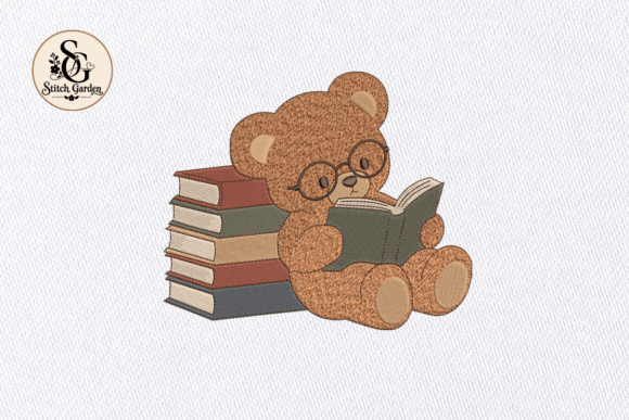 Bear Reading Book Embroidery