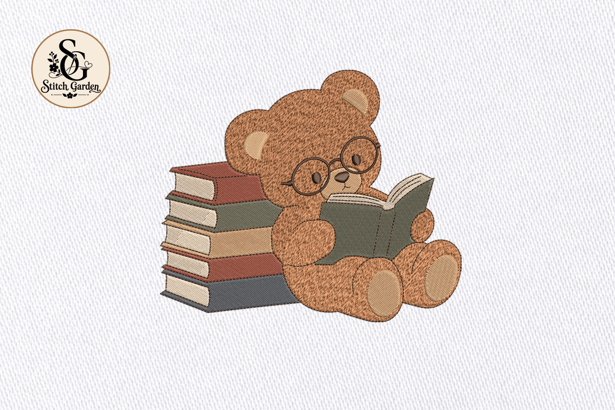 Bear Reading Book Embroidery