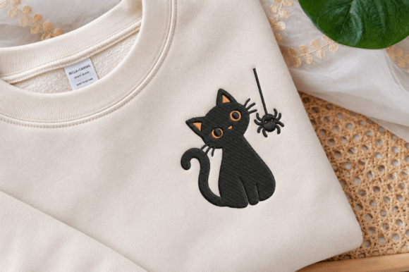 Black Cat Playing with Spider Embroidery