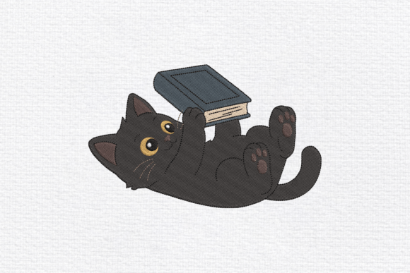 Black Cat Reading Embroidery Design