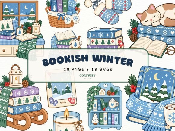 Bookish Winter Cliparts, Cozy Book Lover