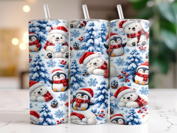 Christmas Bear Penguin Tumbler Wrap PNG