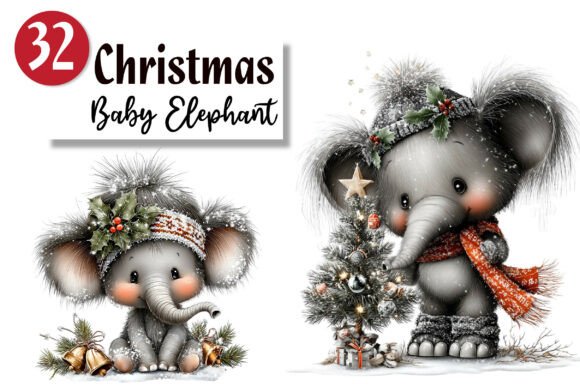 Christmas Elephant Clipart Bundle