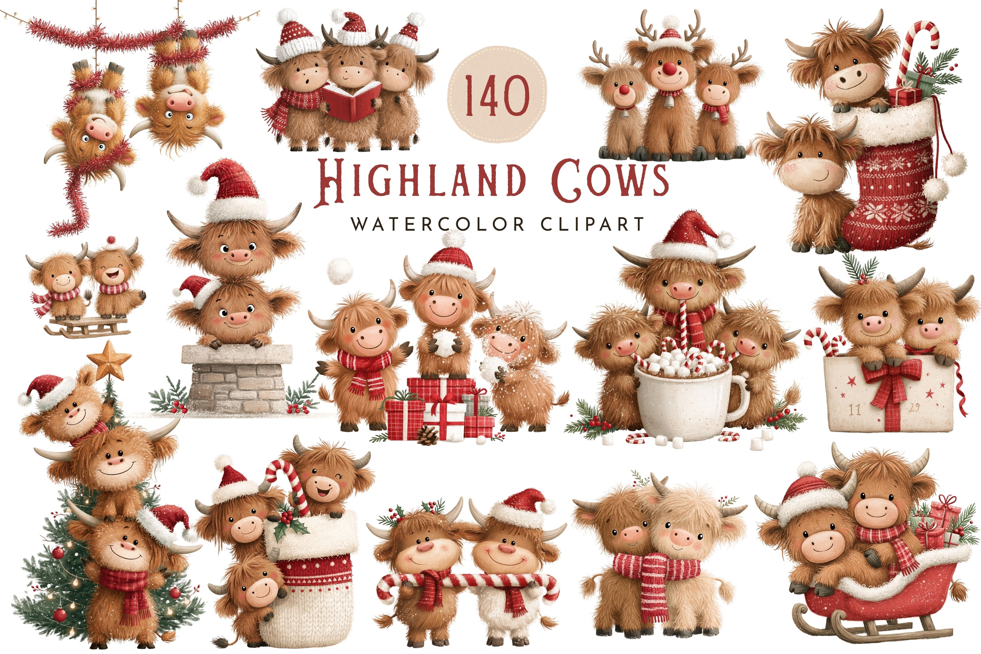 Christmas Highland Cow Watercolor