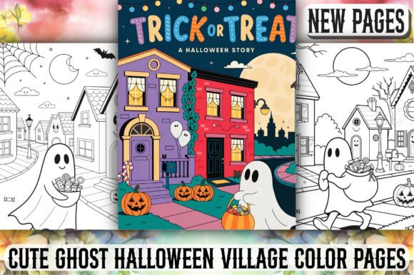 Cute Ghost Halloween Village Color Pages