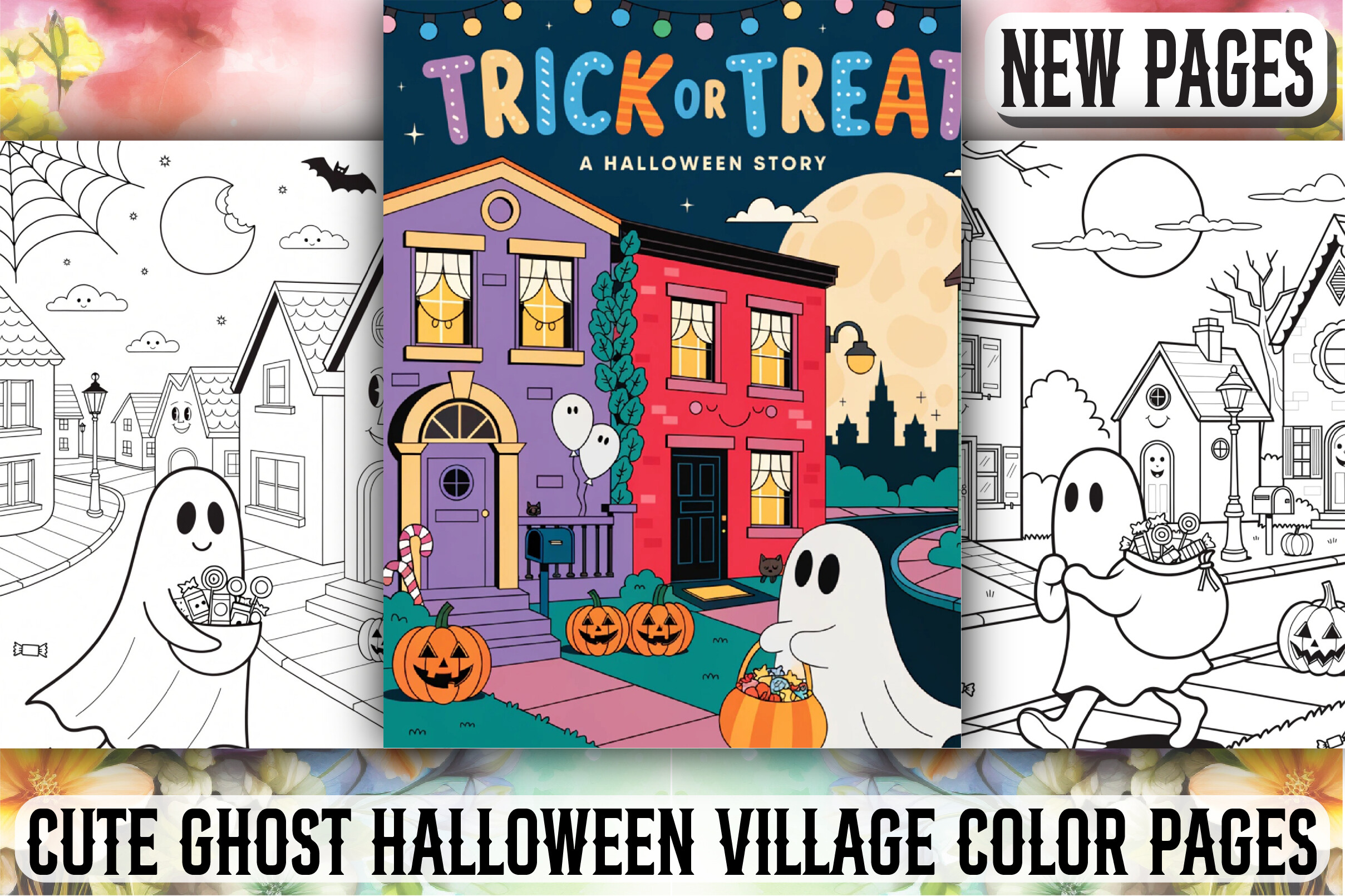 Cute Ghost Halloween Village Color Pages