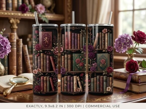 Dark Vintage Floral Books Tumbler Design