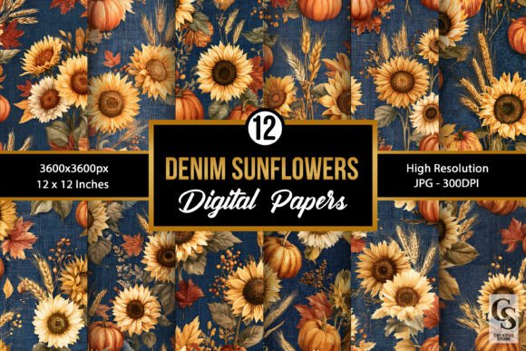 Denim Fall Sunflowers Seamless Pattern
