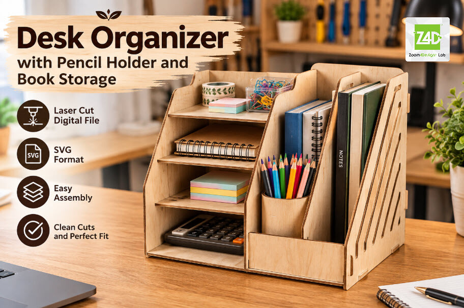 Desk Organizer with Pencil Holder & Book laser cut file