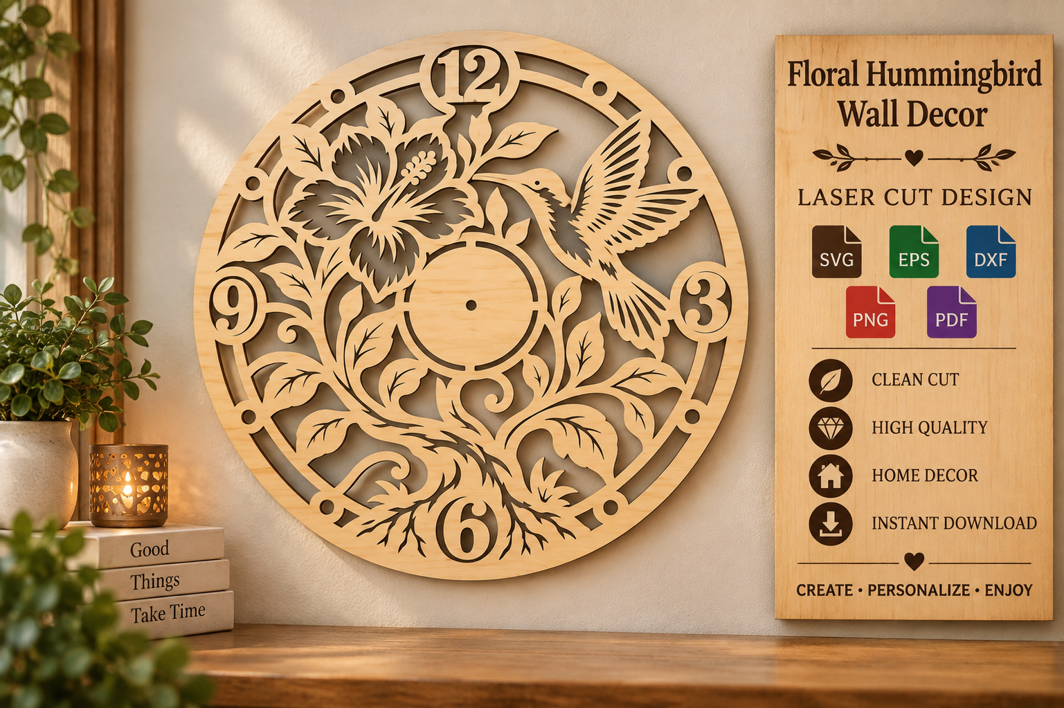 Floral Hummingbird Clock SVG