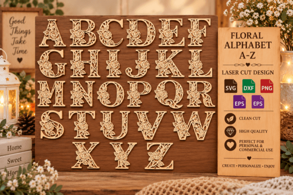 Floral Rose Alphabet a-Z SVG