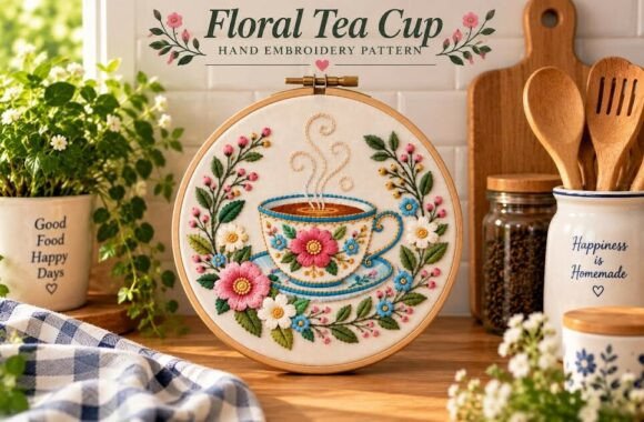 Floral Tea Cup Hand Embroidery Pattern