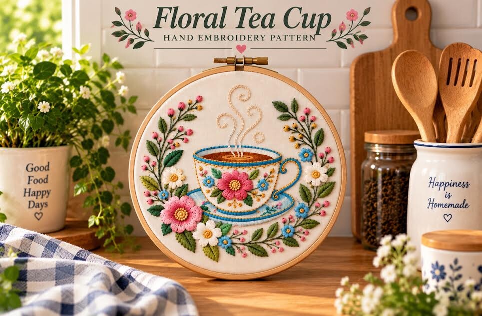 Floral Tea Cup Hand Embroidery Pattern