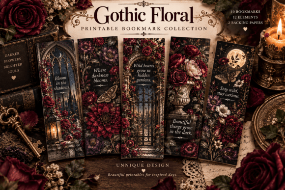 Gothic Floral Printable Bookmarks
