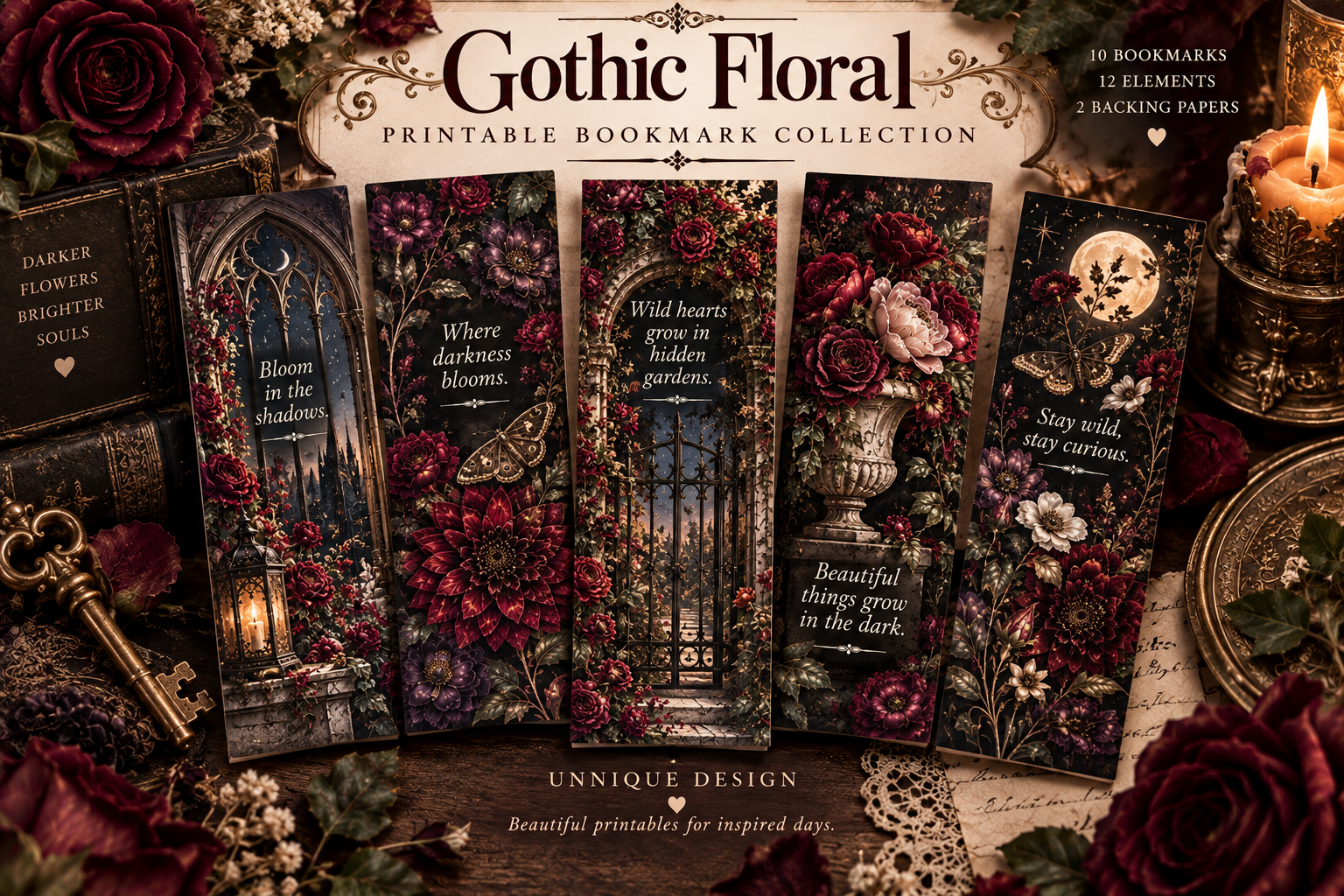 Gothic Floral Printable Bookmarks