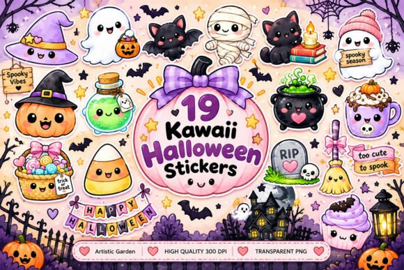 Kawaii Halloween Stickers Clipart Bundle