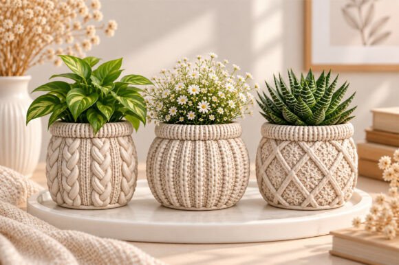 Knitted Texture Planter Pot Set – 3D Printable STL Files (Set of 3) - Image 1