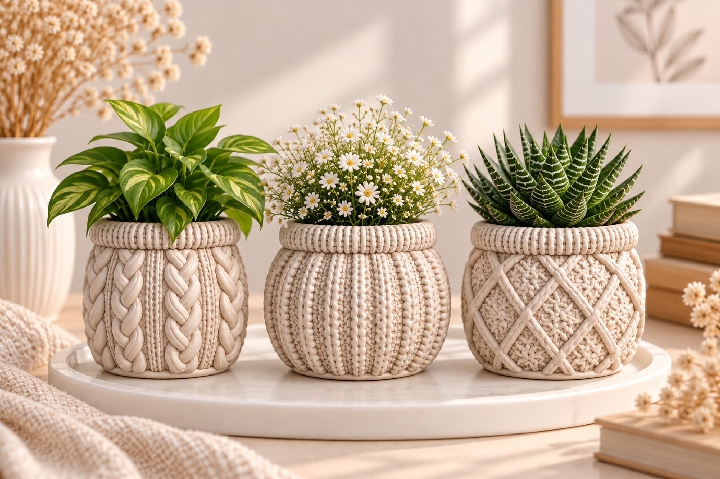 Knitted Texture Planter Pot Set – 3D Printable STL Files (Set of 3) - Image 5