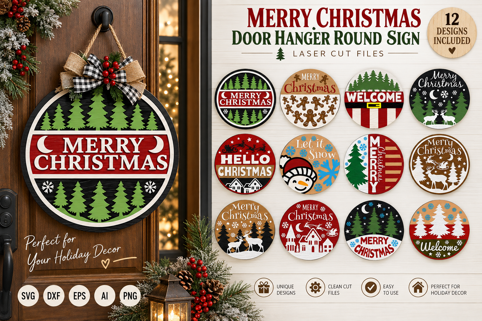 Merry Christmas Door Hanger Round Sign laser cut file