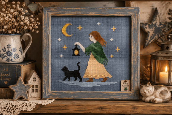 Night Girl and Cat Cross Stitch Pattern