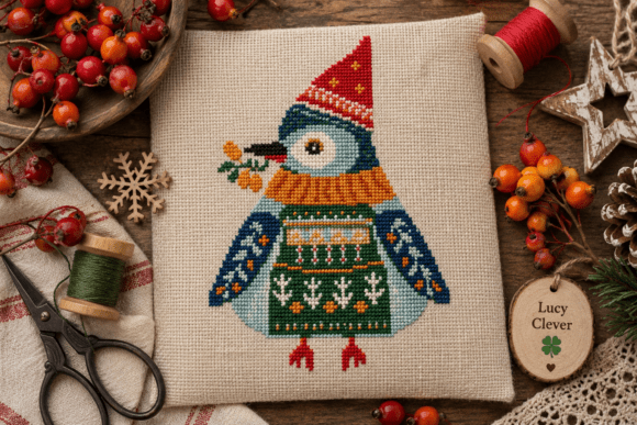 Nordic Winter Bird Primitive CrossStitch