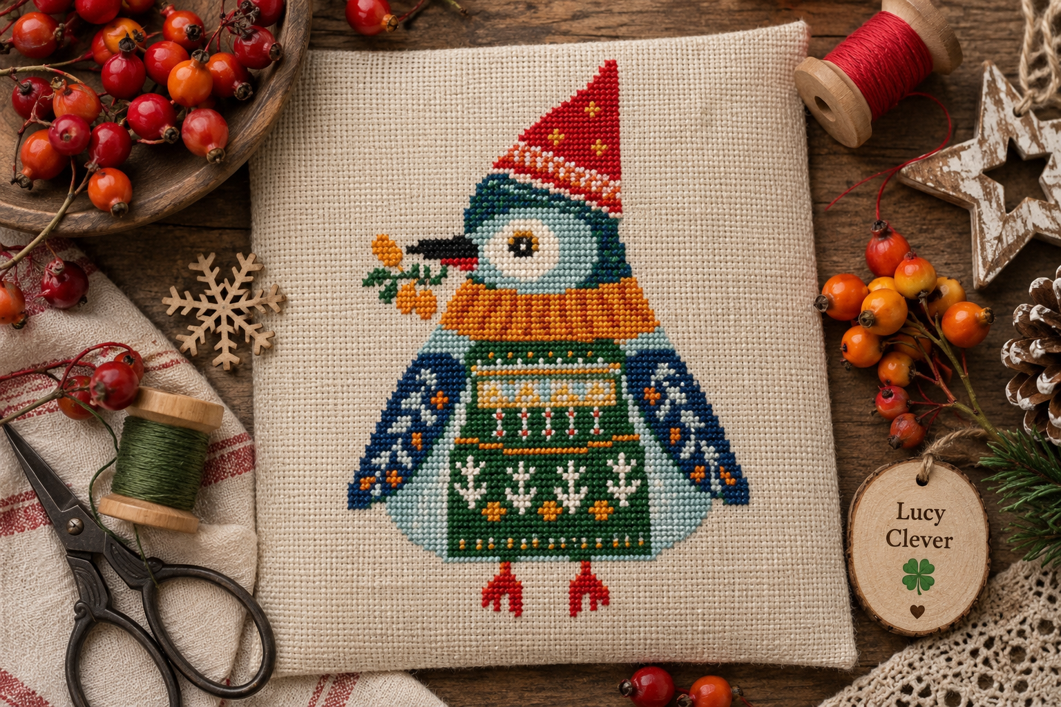 Nordic Winter Bird Primitive CrossStitch