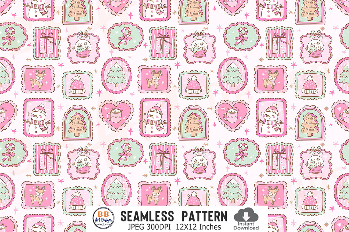 Pink Christmas Pattern Frame Stamp Paper