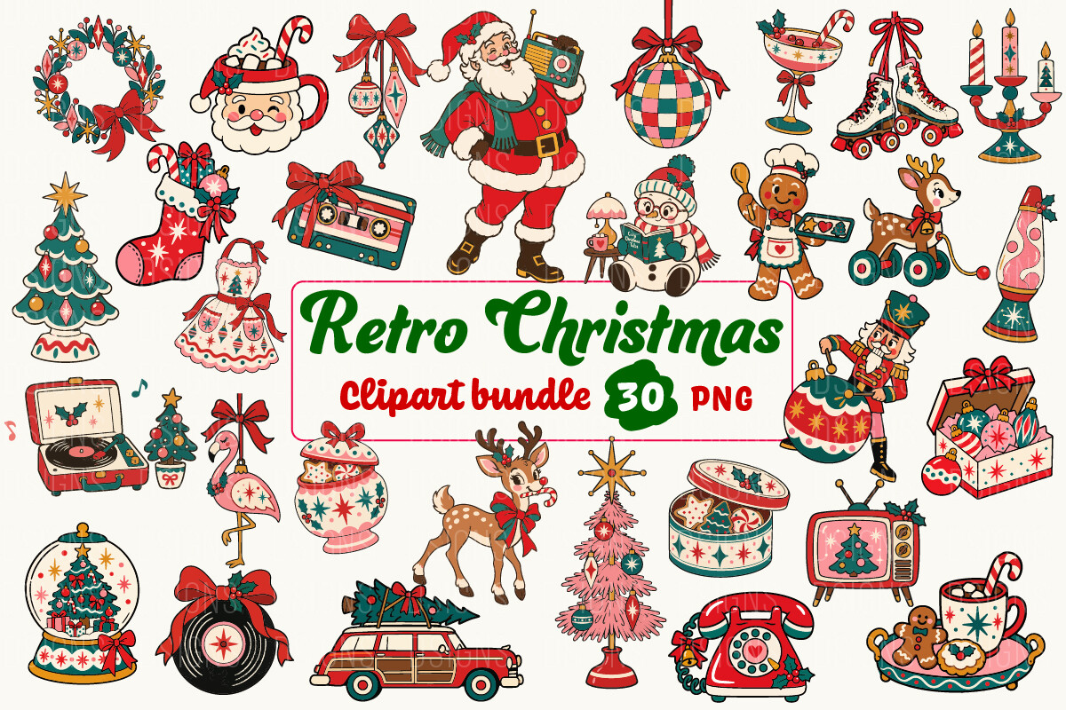Retro Christmas Festive Clipart Bundle
